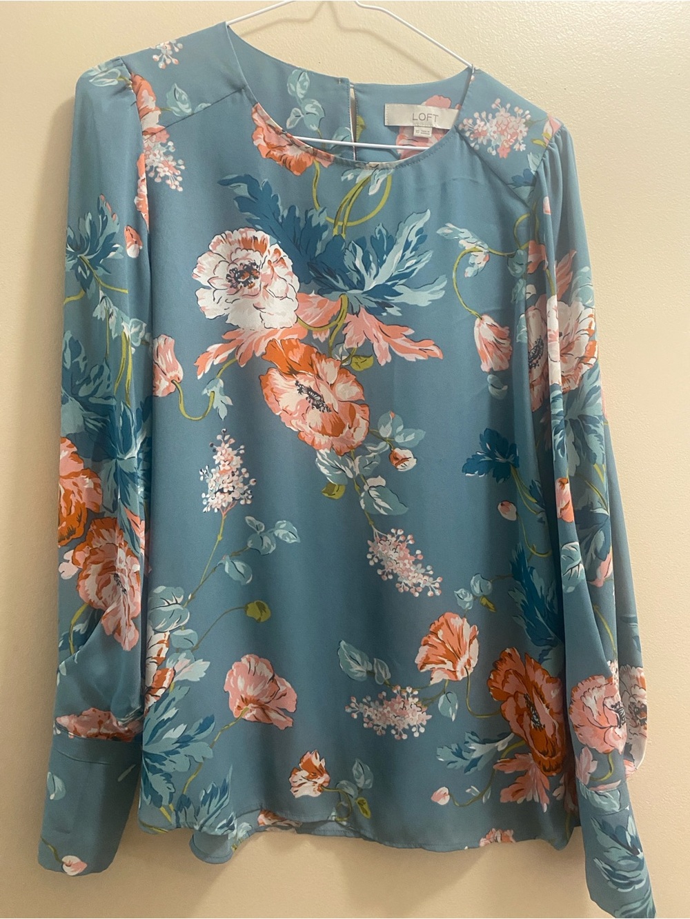 LOFT Teal Blue Floral Long-Sleeve Blouse with Pink and Coral Blooms